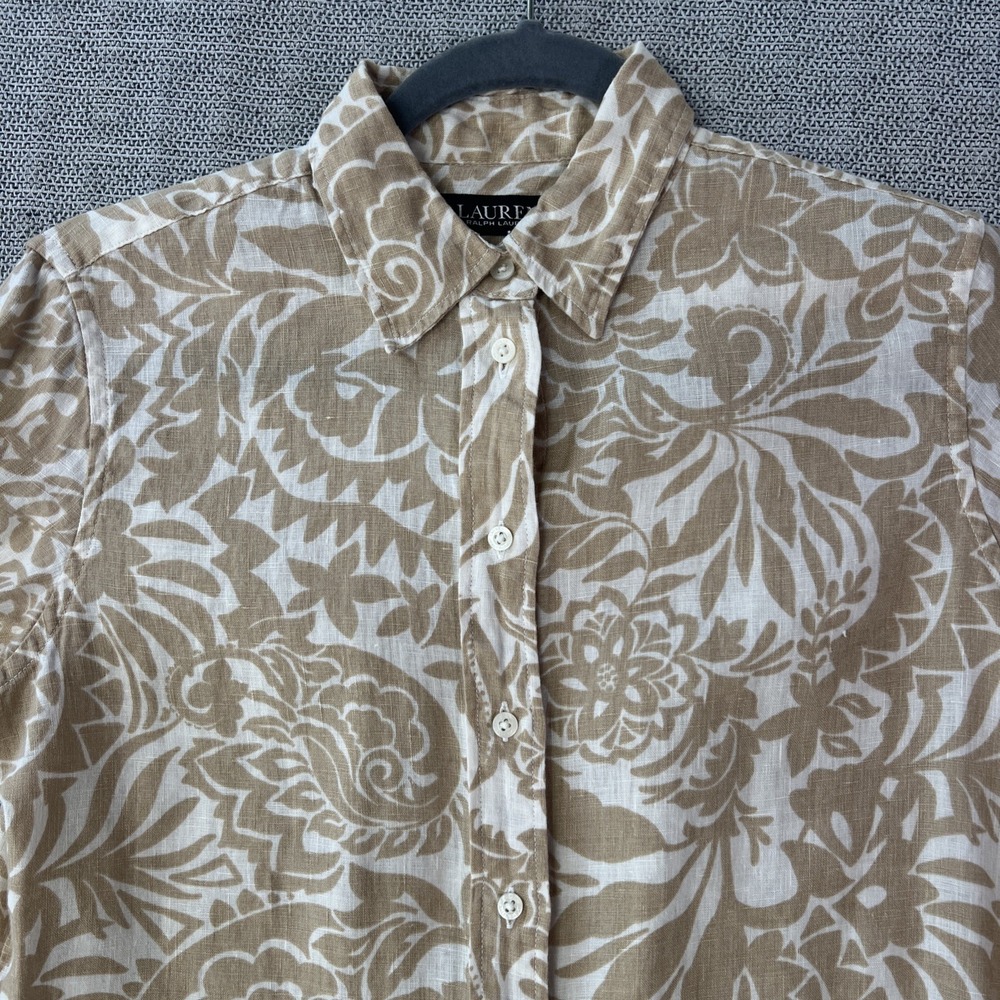 Ralph Lauren Khaki Floral Linen Shirt Button Women XS Rolled Up Long Sleeves - Picture 2 of 12